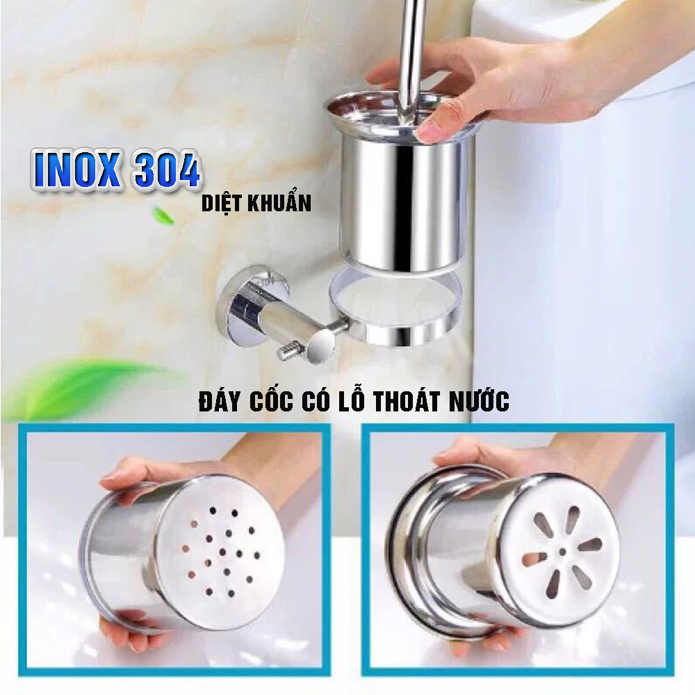 Bộ cốc chổi cọ bồn cầu, toilet nhà vệ sinh, sàn nhà treo tường, có giá đỡ bằng Inox 304 kháng khuẩn, không cần khoan, DAN HOUSE 3.11.11