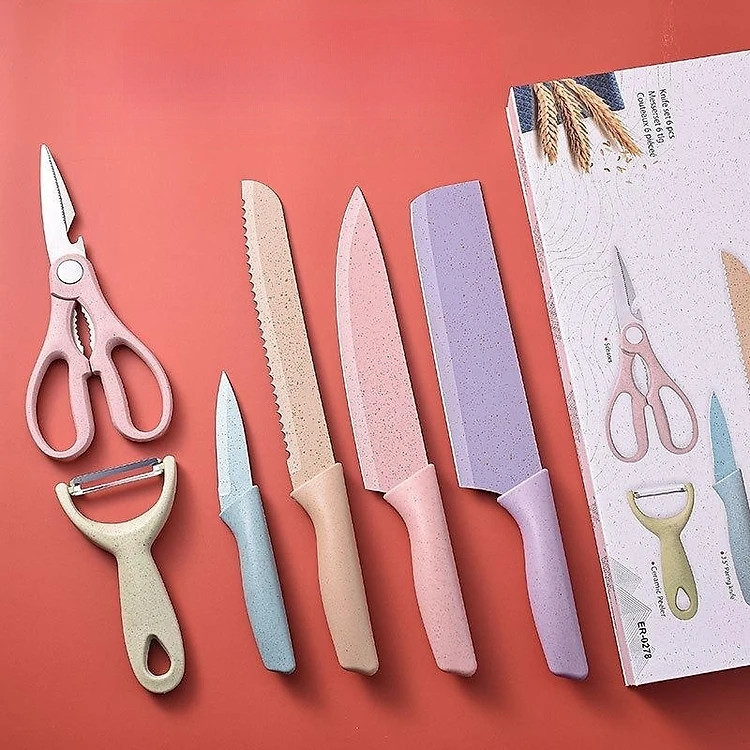 Bộ dao lúa mạch cao cấp 6 món chuyên dụng cho nhà bếp KITCHEN KINFE, siêu sắc kháng khuẩn, dao đa năng, lưỡi dao đúc thép không rỉ, full hộp Hàng nhập khẩu