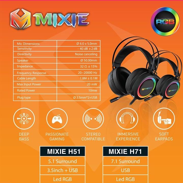 HEADPHONE GAMING MIXIE H51 , ÂM THANH 5.1 , LED RGB , KẾT NỐI USB 2.0 VÀ JACK 3.5