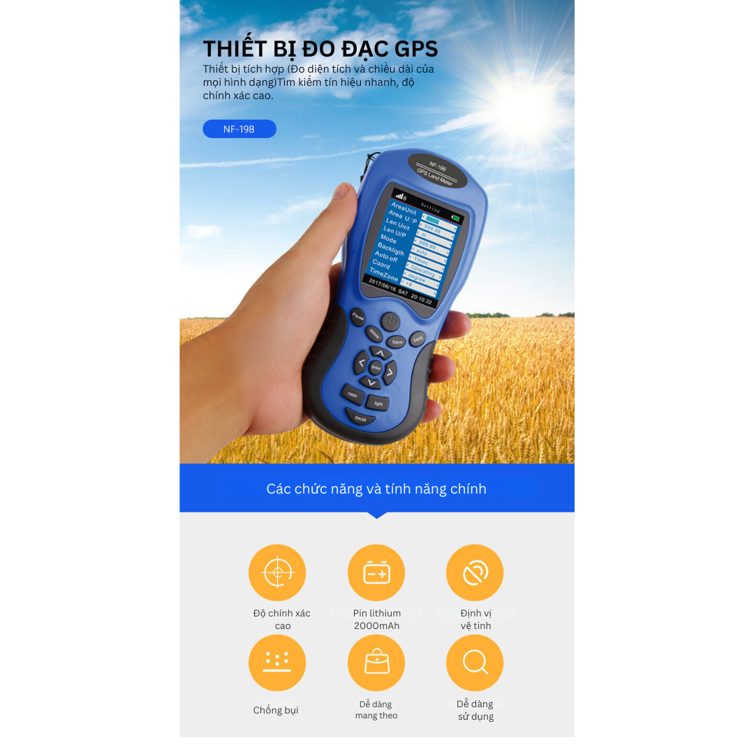 Thiết bị đo đạc GPS NF-198: Độ chính xác cao, màn hình màu lớn, tính năng đo diện tích và chiều dài đa dạng, tích hợp Maps, sử dụng trong môi trường tối và pin sạc lithium bền bỉ – giải pháp toàn diện cho đo lường đất đai - Hàng Nhập Khẩu