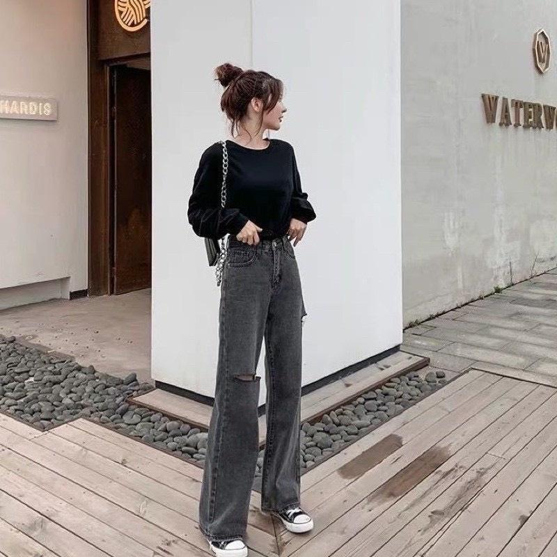 Quần Jeans Nữ Ống Rộng Rách Lưng Cao Màu Xám Khói, Quần Bò Ống Rộng Rách Hông và Đùi Siêu Hot 00.1