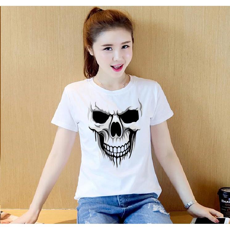 Áo thun nữ in hình đầu lâu form rộng hàn quốc vải dày mịn