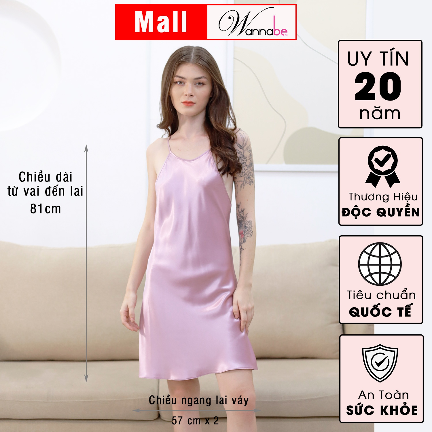 Đầm ngủ WANANBE DNS33 váy ngủ lụa cổ yếm, dây lưng xỏ chéo thắt nơ có thể tháo mở dễ dàng,quyến rũ khoe lưng đẹp gợi cảm