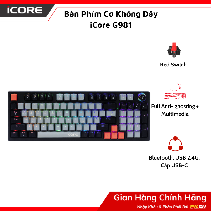 Bàn Phím Cơ Không Dây iCore G981 - 3 Trong 1 - Kết Nối 5 Thiết Bị, Đèn RGB, Giá Rẻ - Hàng chính hãng