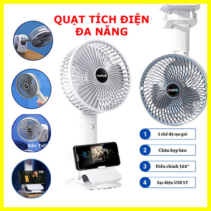 Quạt tích điện để bàn xoay 360 độ Super, quạt kẹp bàn, kẹp xe nôi xe đẩy 3 tốc độ gió kiêm giá đỡ điện thoại-MST-A1