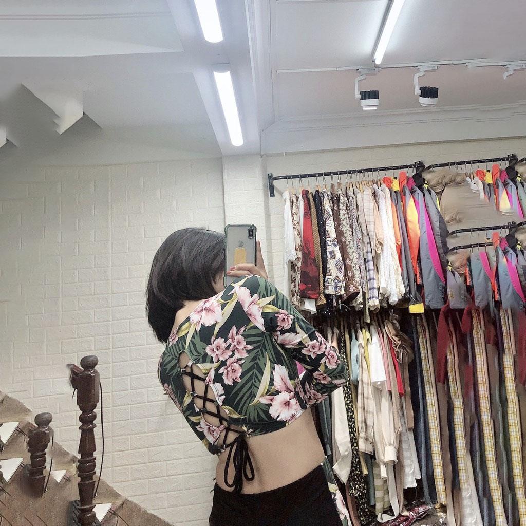 Đồ bơi nữ Bikini nữ 2 mảnh họa tiết dài tay đan lưng quần đùi kín đáo bộ bơi hoa đi biển QP009
