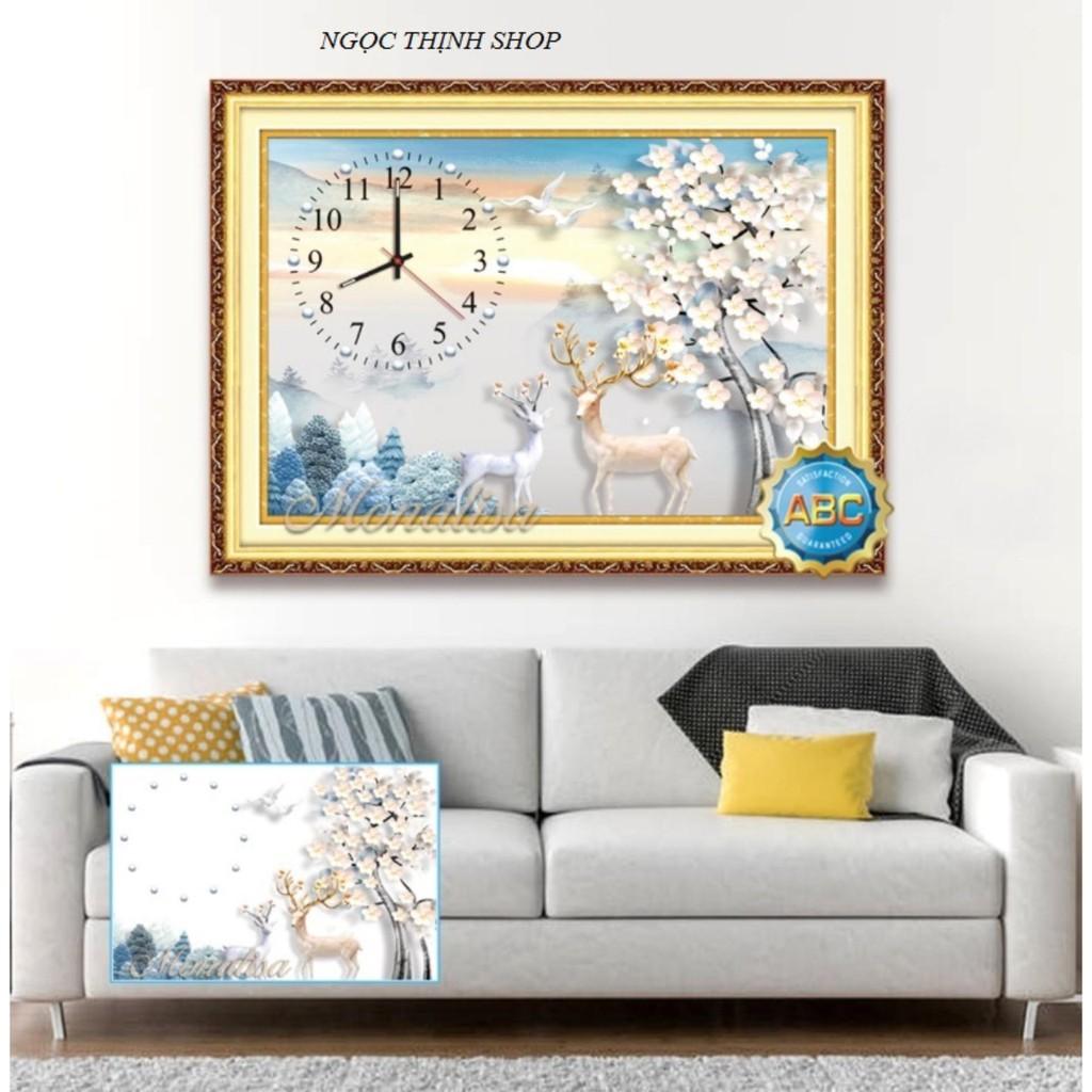FreeShip từ 250K-Tranh gắn đá đồng hồ hai con hươu-Y8191-70x50cm