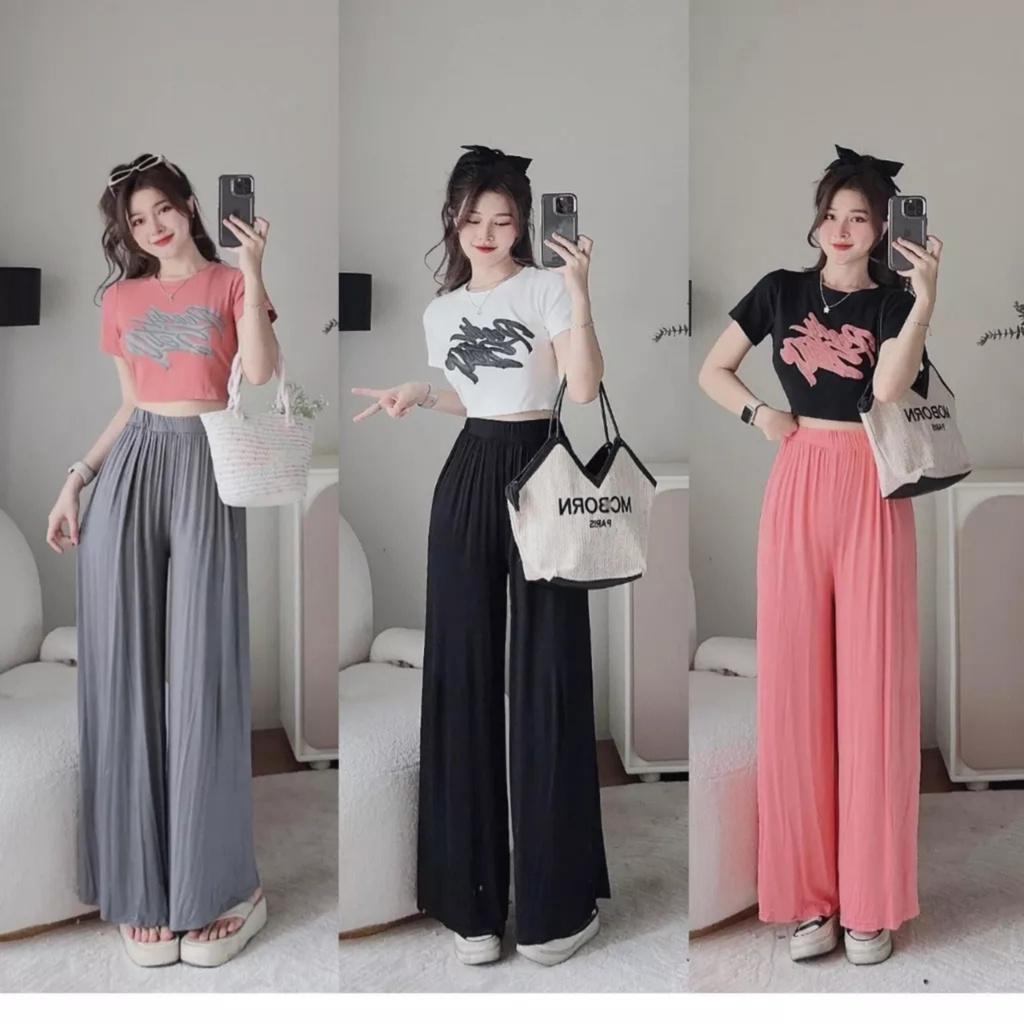 Bộ Áo Croptop READY Kèm Quần Culottes Ống Rộng Cạp Cao