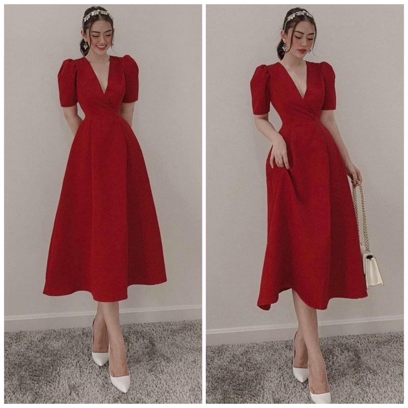 ĐẦM ĐI TIỆC Đầm đỏ cổ v form dài