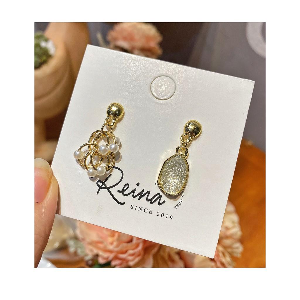 Khuyên tai nữ phong cách Hàn Quốc bất đối xứng đính hạt trai Reina cao cấp