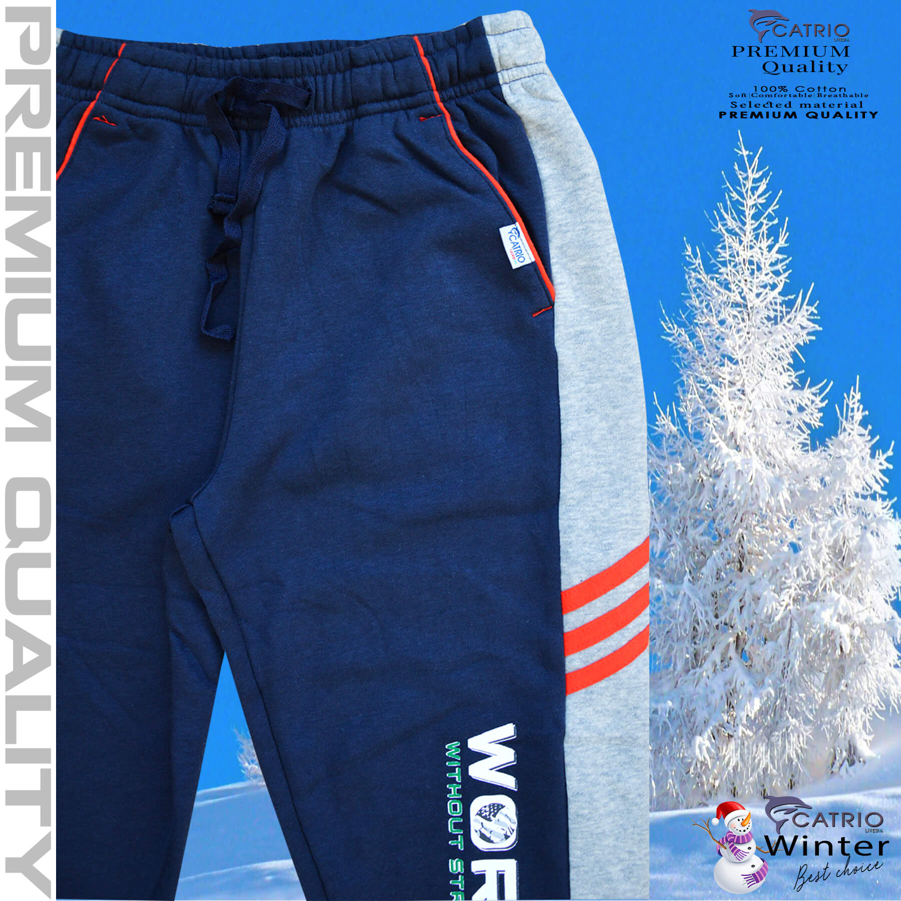 Quần dài bé trai vải 100% cotton PHỐI SƯỜN màu NAVY pha XÁM in WORLD là quần nỉ trẻ em CATRIO từ 9 tuổi đến 18 tuổi phù hợp thời tiết se lạnh mùa thu đông với kiểu dáng thể thao tuyệt đẹp