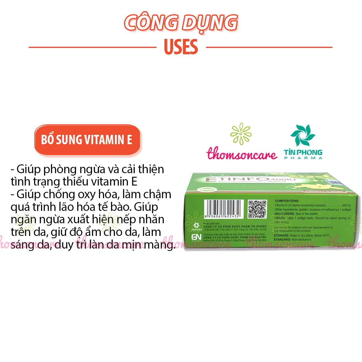 Viên uống Vitamin E 400 IU - Bổ sung vitaminE tự nhiên, giúp đẹp da, ngăn ngừa lão hóa - Etinfo Hộp 30 viên