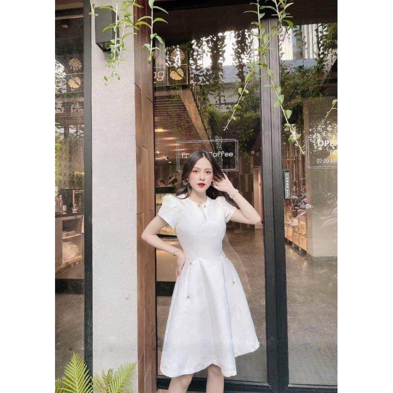 Đầm váy nữ trắng xòe phối nút TKN