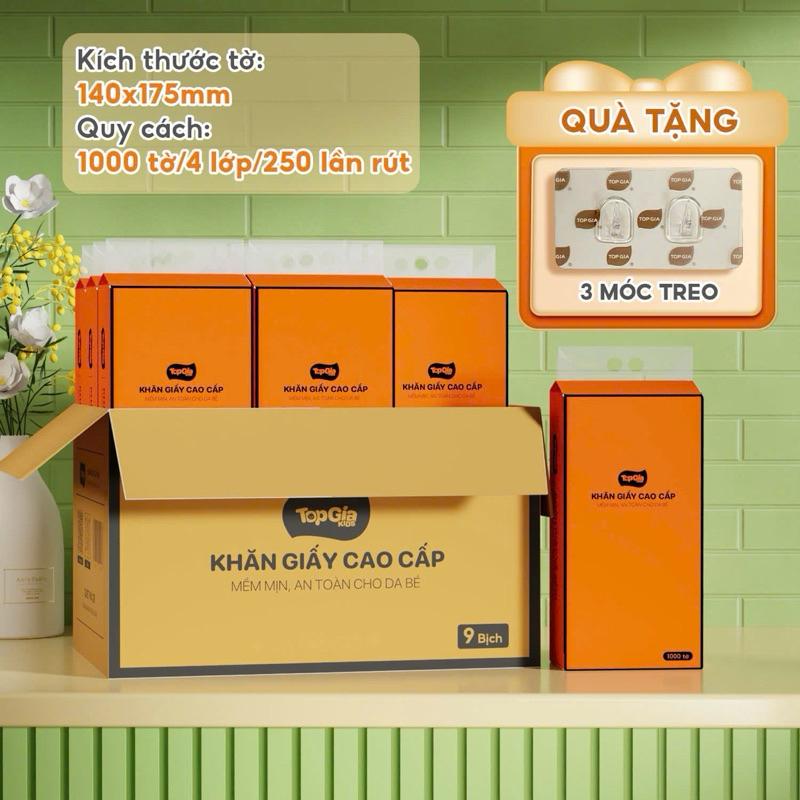 Thùng 9 bịch siêu tiết kiệm Giấy rút đáy TOPGIA  CAM - Bột gỗ nguyên sinh, 1000 tờ chất lượng cao.