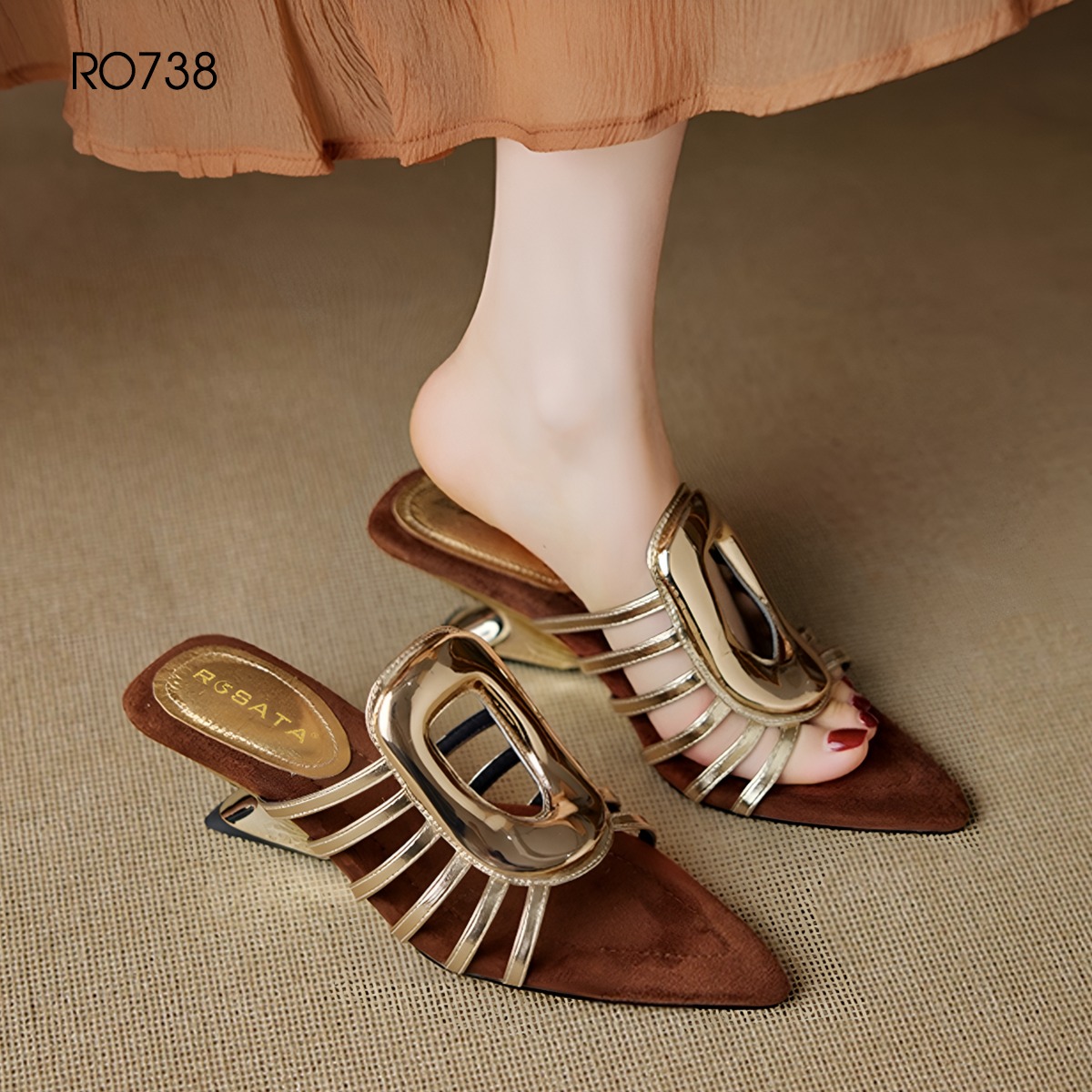 Dép nữ quai ngang, mũi nhọn, đế cách điệu ROSATA RO738 - 5p - Đen, Nâu - BKSTORE