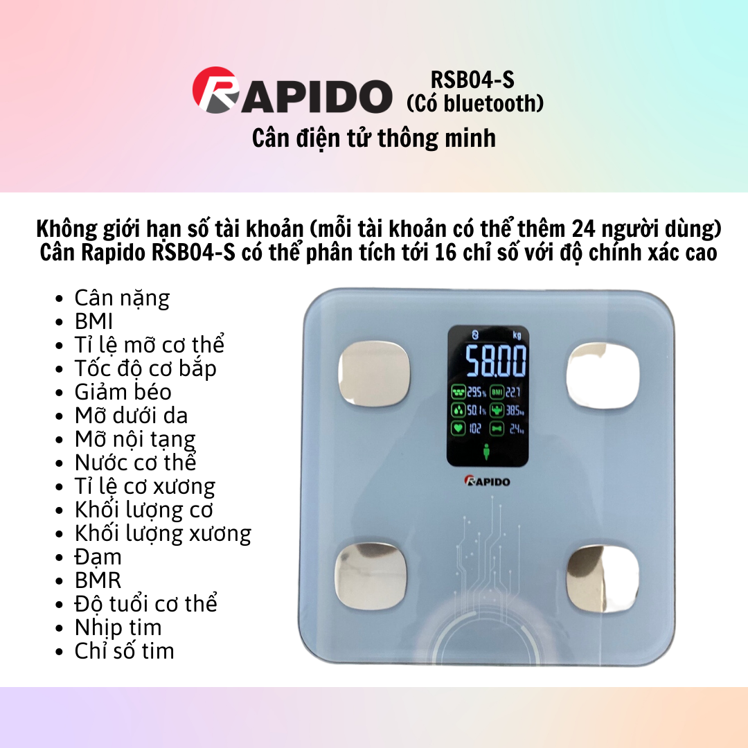 Cân Sức Khỏe Thông Minh Rapido RSB04-S - Hàng Chính Hãng - Bảo Hành 12 Tháng