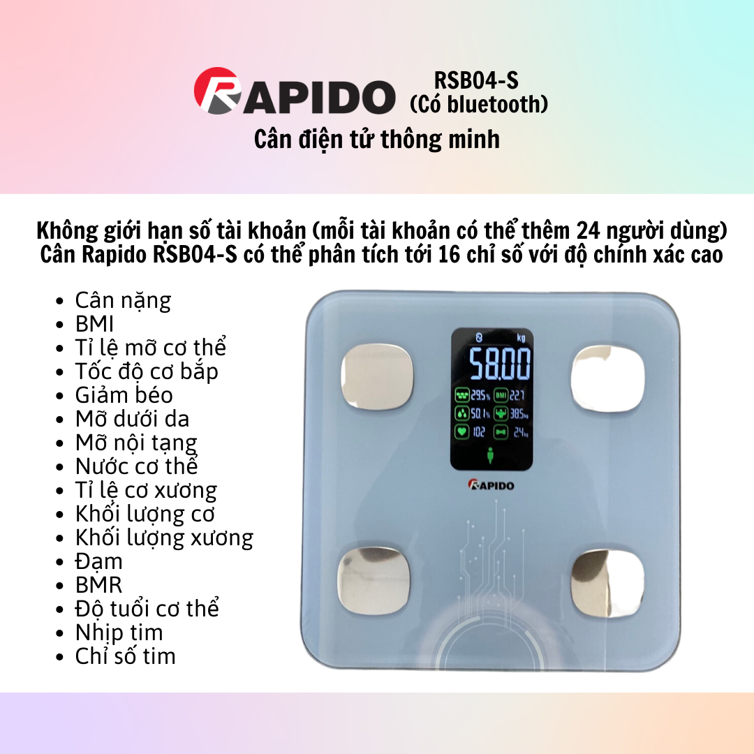 Cân Sức Khỏe Thông Minh Rapido RSB04-S (Có bluetooth) - Hàng Chính Hãng - Bảo Hành 12 Tháng