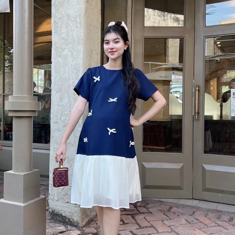 Đầm bầu đuôi cá đính nơ phối chân voan tơ sang chảnh chất cotton lạnh mát mẻ - Xanh đen
