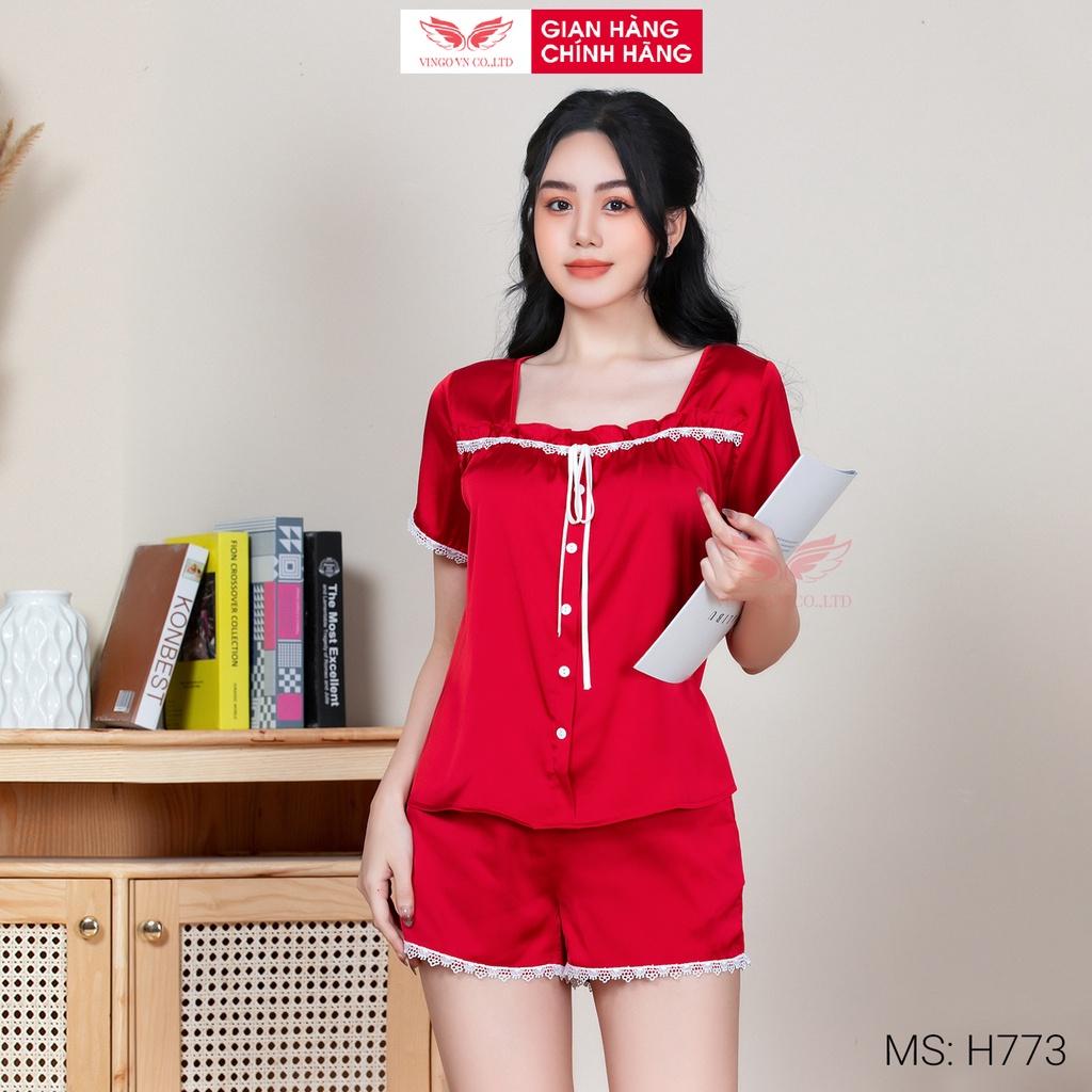 Đồ bộ nữ mặc nhà Pijama VINGO lụa Pháp cap cấp tay ngắn quần đùi có ren và nơ trước ngực trẻ trung mặc mùa Hè H773 VNGO