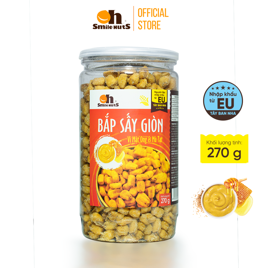 Bắp Sấy Giòn Smilenuts vị Mật Ong &amp; Bù Tạt hộp 270g _ Nhập khẩu từ Tây Ban Nha _ Bắp sấy giòn rụm, thơm ngon, tẩm vị vừa ăn _ phù hợp ăn vặt, snack bắp rang/sấy hảo hạng