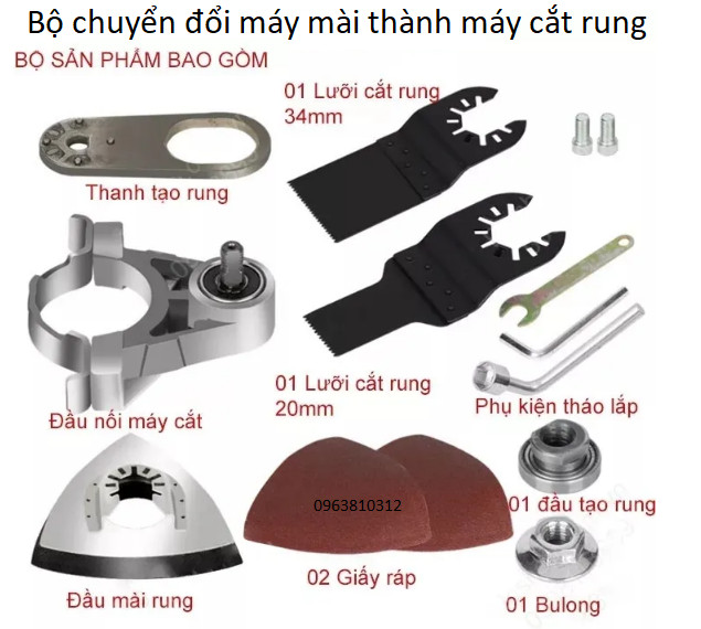 Bộ chuyển đổi gắn máy mài máy cắt thành máy cưa rung khoét lỗ cưa cắt kèm 5 đĩa cắt mài chà nhám