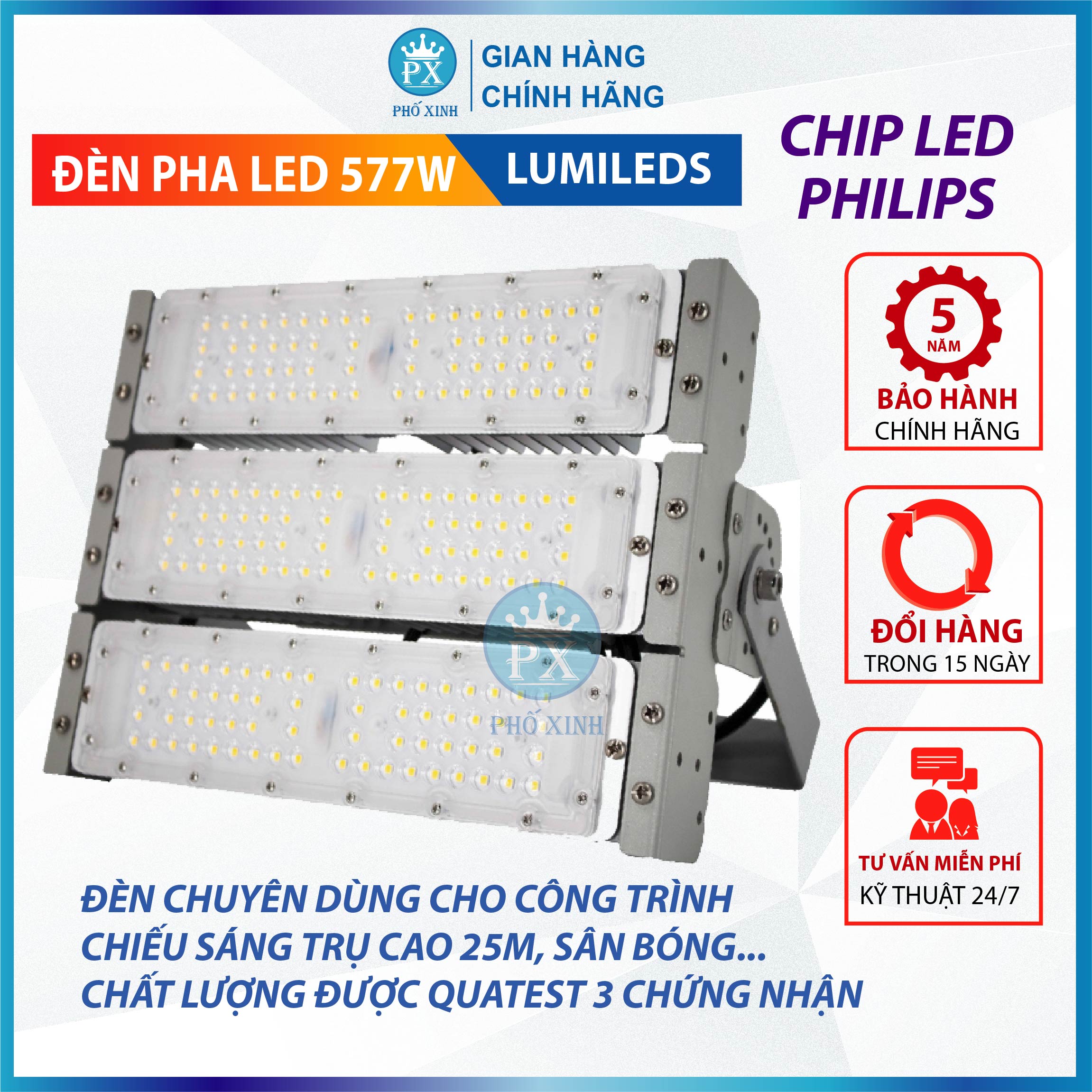 Đèn Pha cao áp 577W chip led P h i l i p s rọi xa, IP66 chuyên lắp đặt công trình vòng xoay, sân bóng