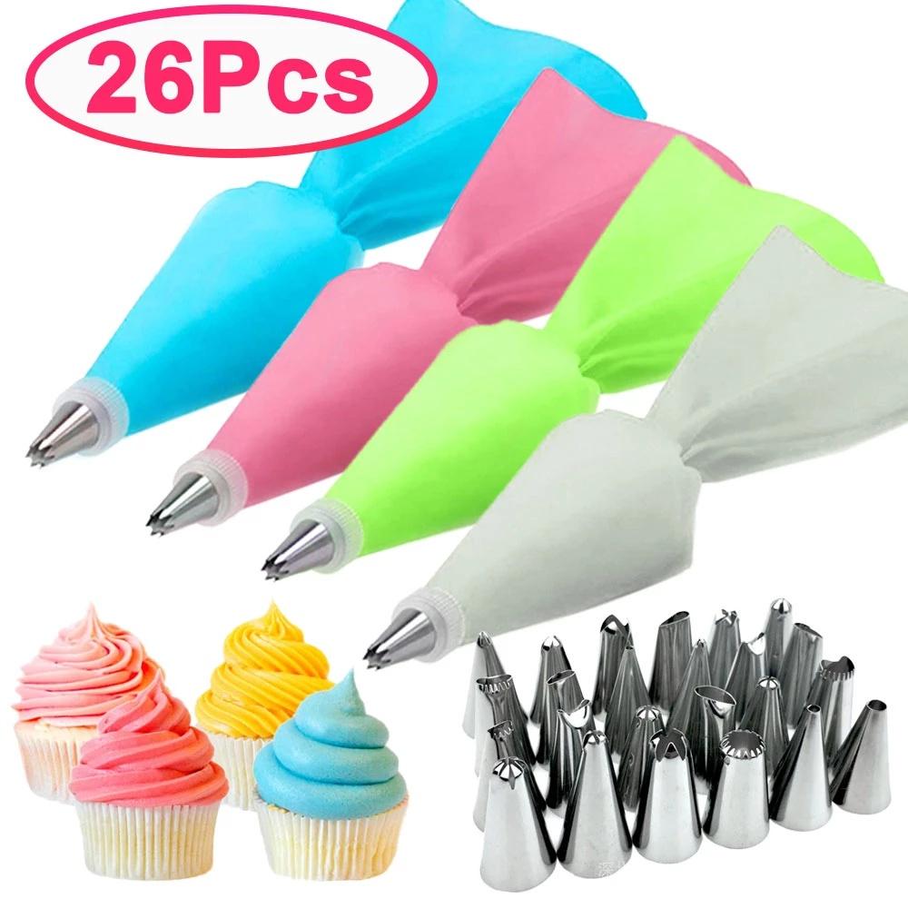 Set 26 dụng cụ gồm túi Silicone và 24 đầu bắt bông kem trang trí bánh