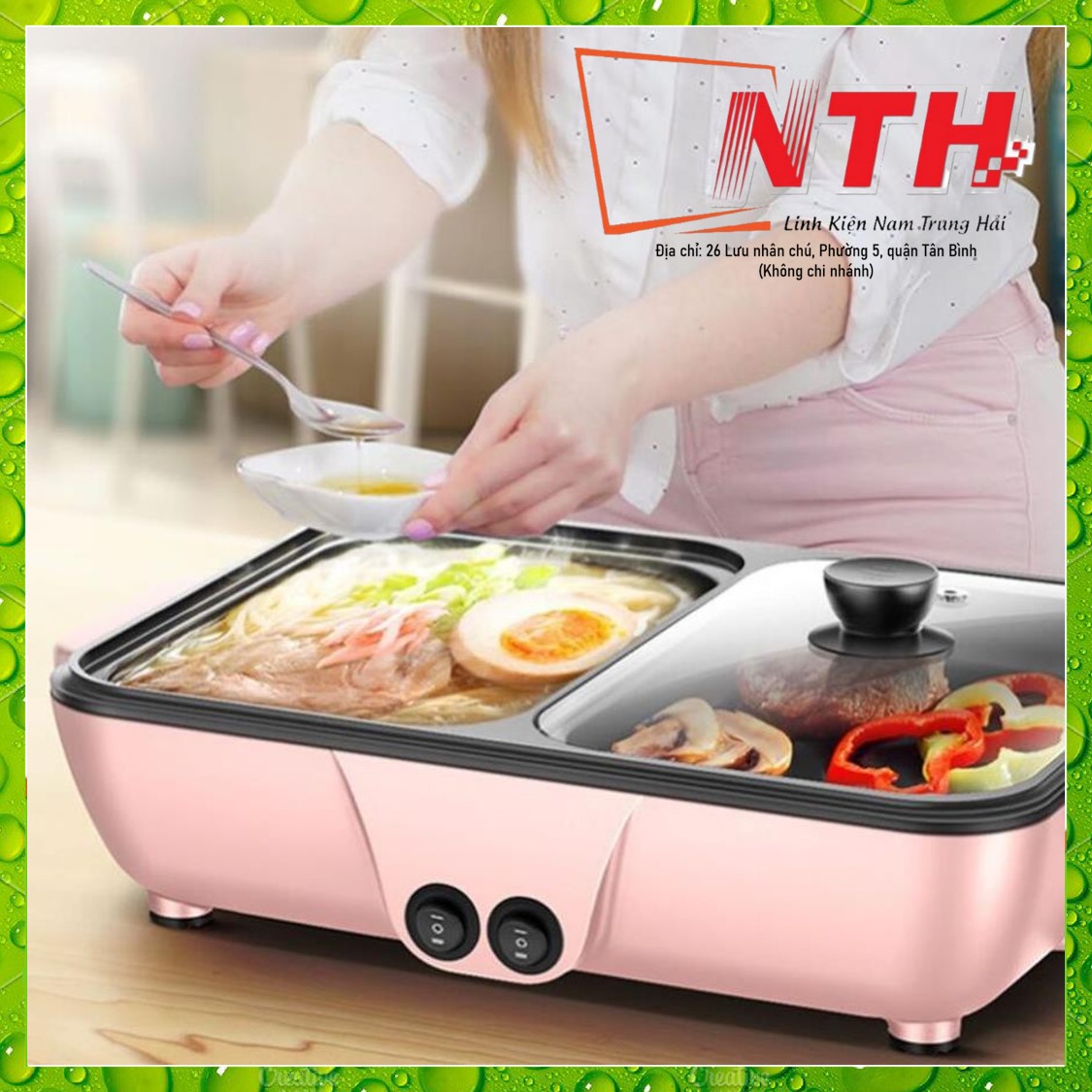 Bếp lẩu nướng chia 2 ngăn cao cấp, mặt nồi tráng men chống dính,2 nút điều chỉnh nhiệt độ