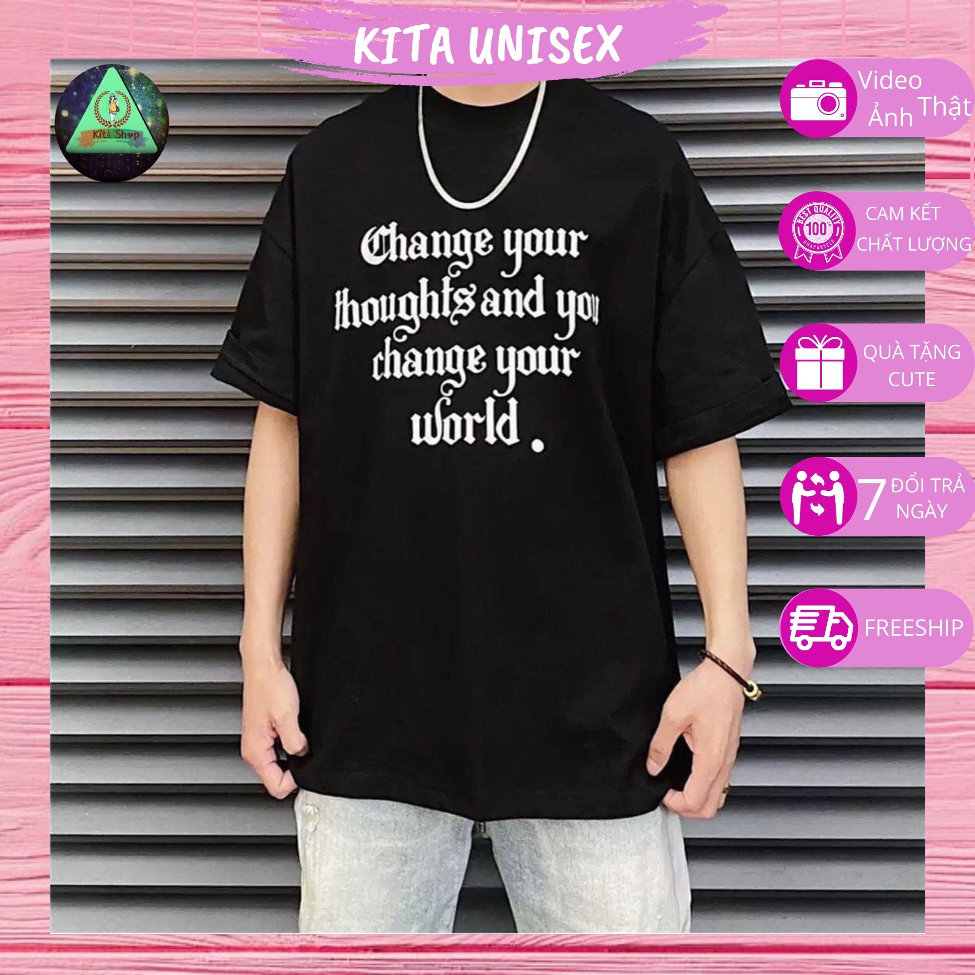 Áo Thun Nữ Tay Lỡ - Áo Phông Nam Nữ Form Rộng Freesize - Mẫu CHANGE WORDS - Vải Chất Cotton Mềm Mịn Mát Kita Unisex