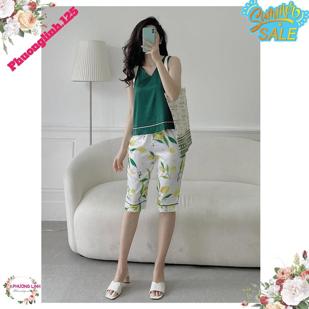 SET LỤA ÁO XANH NƠ VAI QUẦN HOA