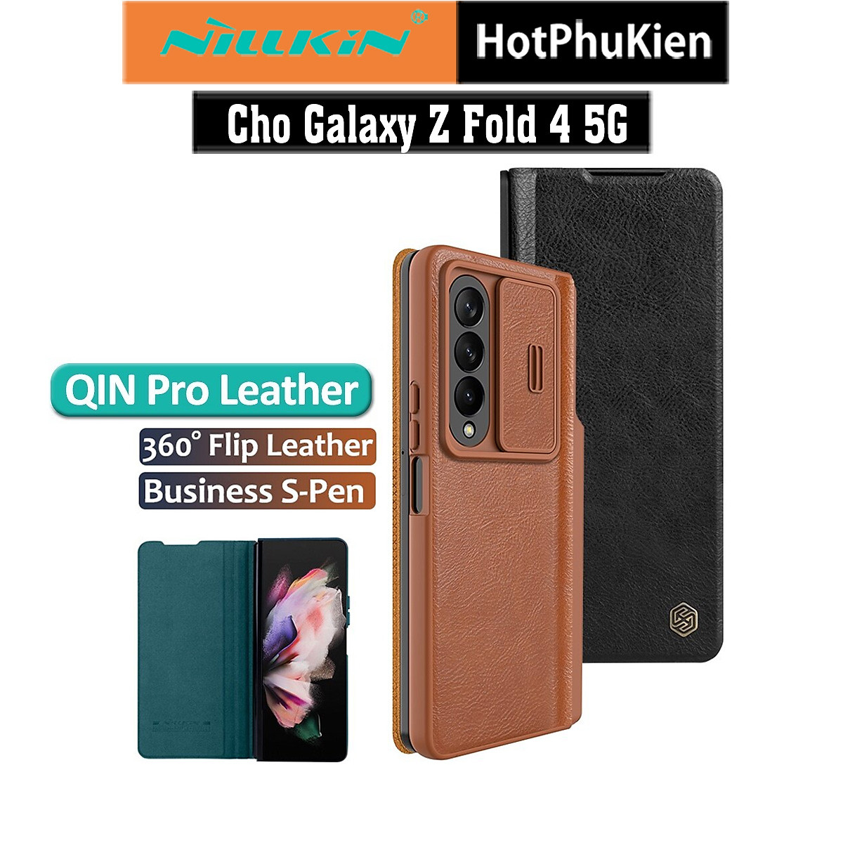 Case bao da chống sốc cho Samsung Galaxy Z Fold 4 trang bị nắp bảo vệ Camera và ngăn đựng S-Pen hiệu Nillkin Qin Pro  - Hàng nhập khẩu