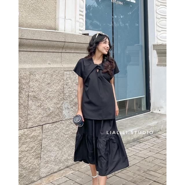 Set áo xoắn và chân váy lưng chun co giãn, chất satin ánh nhẹ, thích hợp cả đi làm và đi dạo phố -THIẾT KẾ TỪ LIALILI