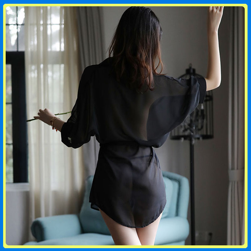 Váy ngủ sơ mi có dây thắt eo kèm quần lót lọt khe cao cấp Q12 - Áo sơ mi ngủ xuyên thấu sexy - Aso sơ mi ngủ nữ - Đầm sơ mi ngủ