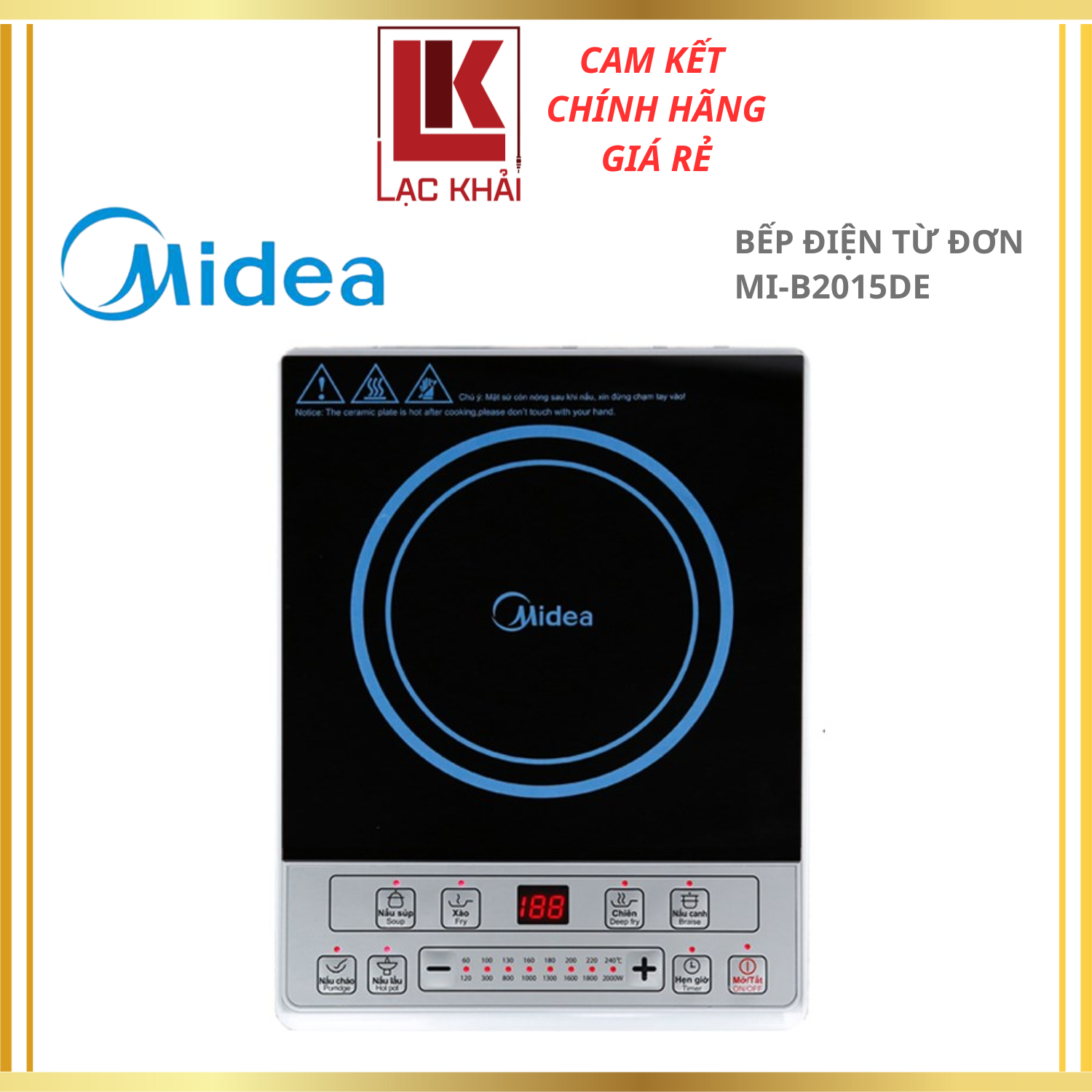 Bếp điện từ Midea MI-B2015DE , Công suất 2000W, Mặt kính Caremic, Hẹn giờ , nút nhấn điện tử - Hàng chính hãng , Bảo hành 12 tháng chính hãng