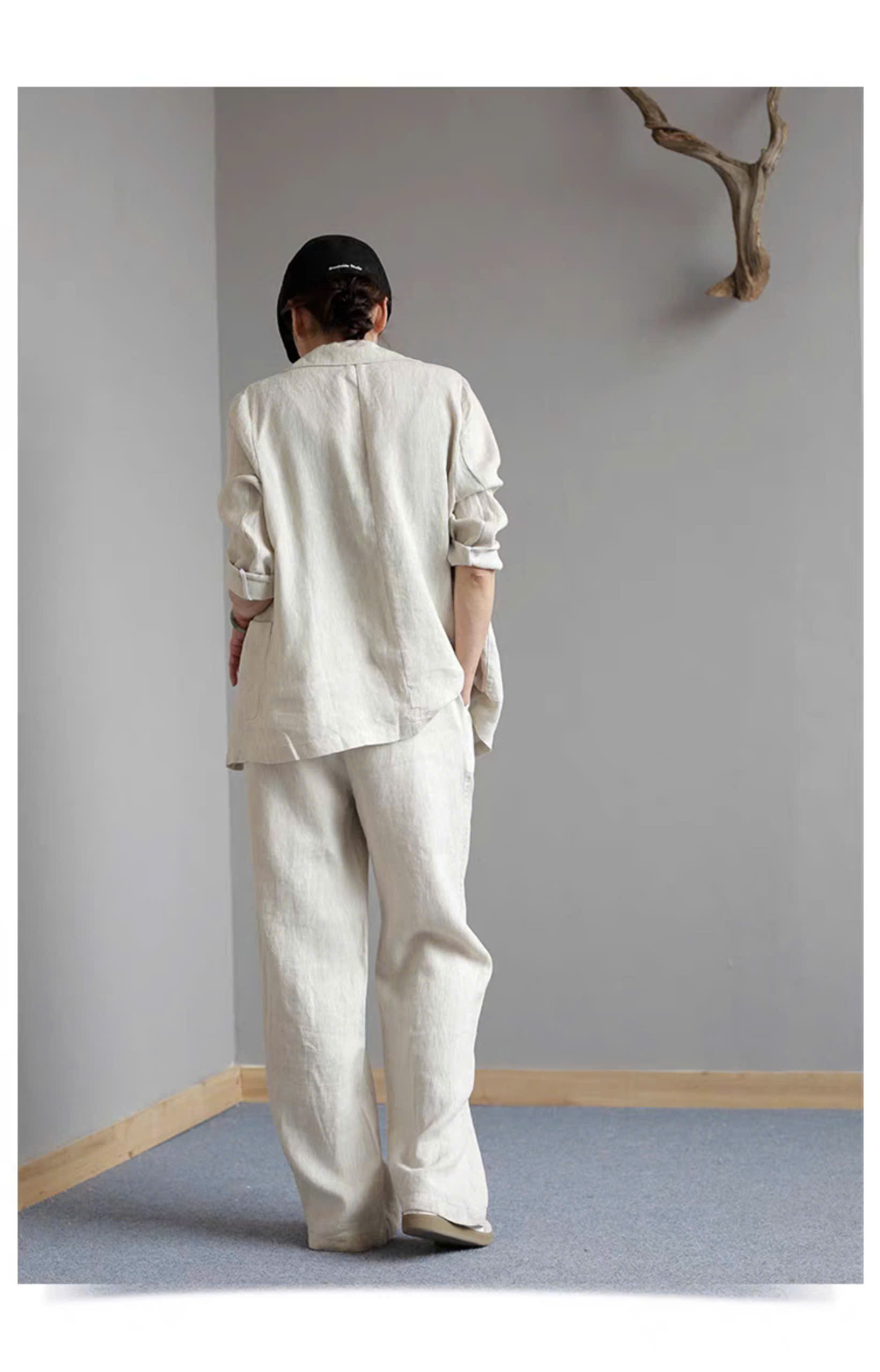 Set bộ áo khoác blazer tay dài và quần ống rộng cạp chun cực phong cách, tối giản, vintage