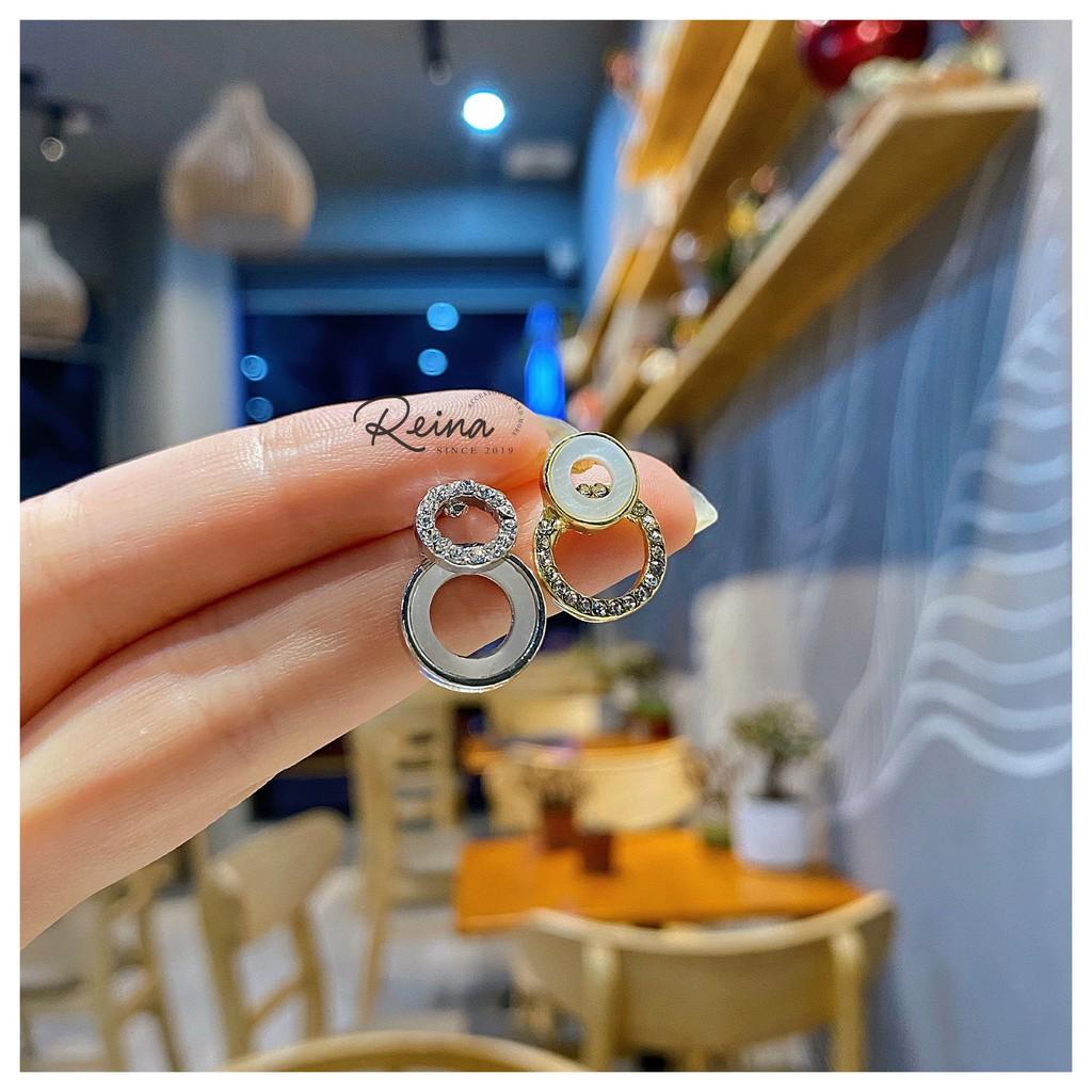 Khuyên tai nữ phong cách hàn quốc Zircon hình tròn bất đối xứng vàng ánh bạc Reina đính hạt cao cấp