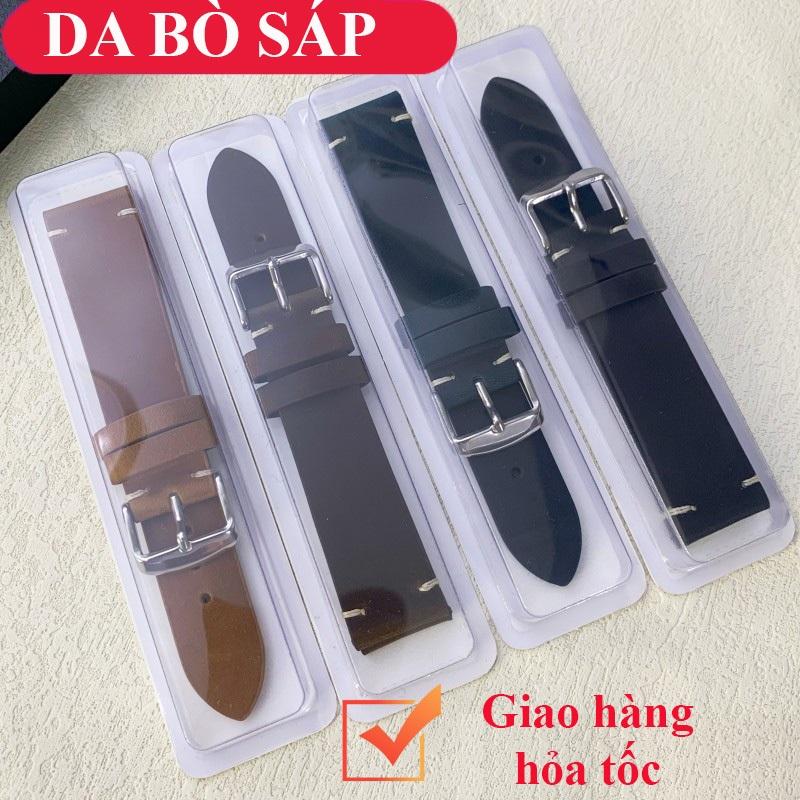 [Fullbox] Dây da đồng hồ nam nữ DA BÒ SÁP cao cấp BO-73 size 18 20 21 22 24mm - Nâu Nhạt Khóa Bạc