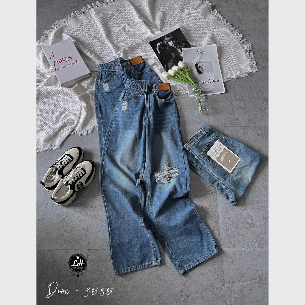Quần jean nữ ống rộng, quần bò màu xanh rách gối rách lưng có tag cạp cao Lê Huy Fashion MS 3585