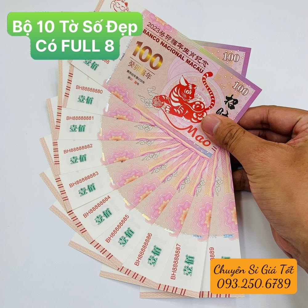 Bộ 10 Tờ Số Đẹp, có Full 8 - Tiền phong thủy hình Mèo Macao 100 kèm bao lì xì Tết 2023