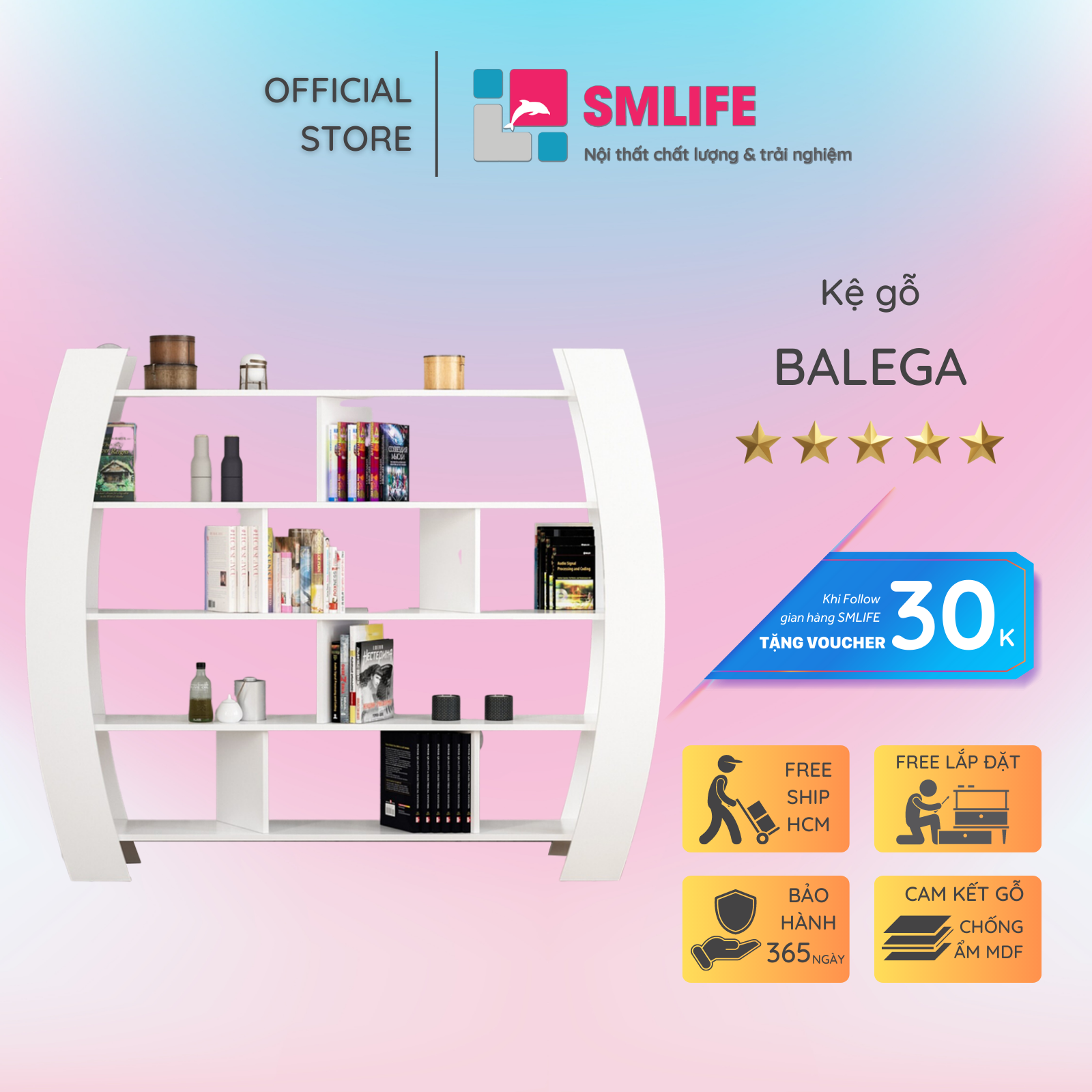 Kệ sách gỗ hiện đại SMLIFE Balega | Gỗ MDF dày 17mm chống ẩm | D188xR33xC150cm