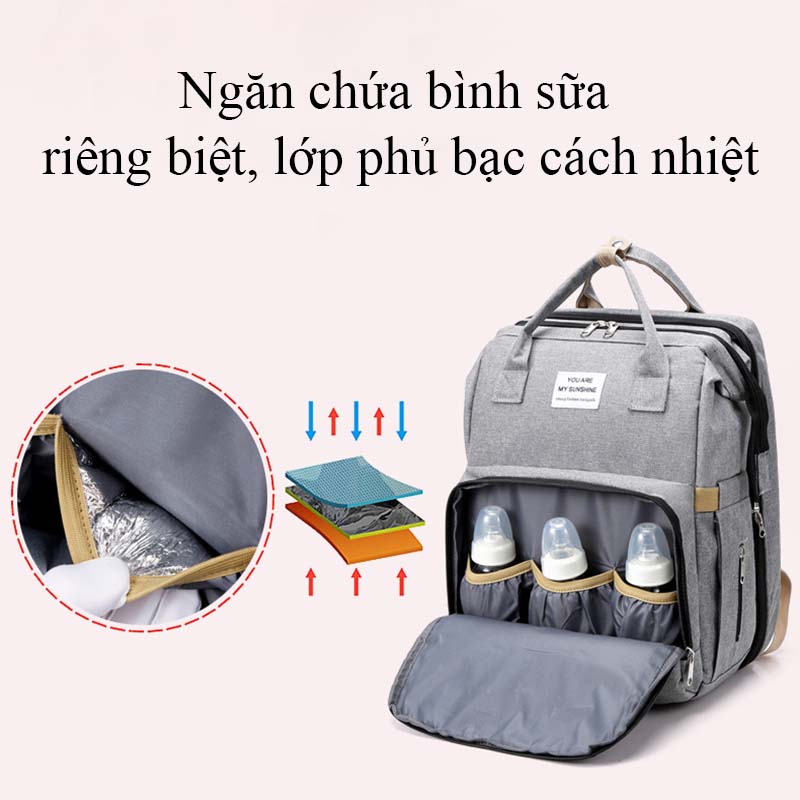 Balo Bỉm Sữa Đa Năng Tích Hợp Nôi Cho Bé Gấp Gọn Nhiều Ngăn Giữ Nhiệt Túi Bỉm Sữa Vải Chống Bụi Chống Thấm Nước Cao Cấp Ba Lô Giường Gấp Di Động Cho Bé Quai Cầm Thông Minh