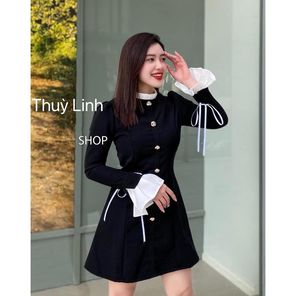 Đầm đen dự tiệc tay dài phối bèo thiết kế cổ tròn đính nút phom dáng xòe sang chảnh thời trang nữ