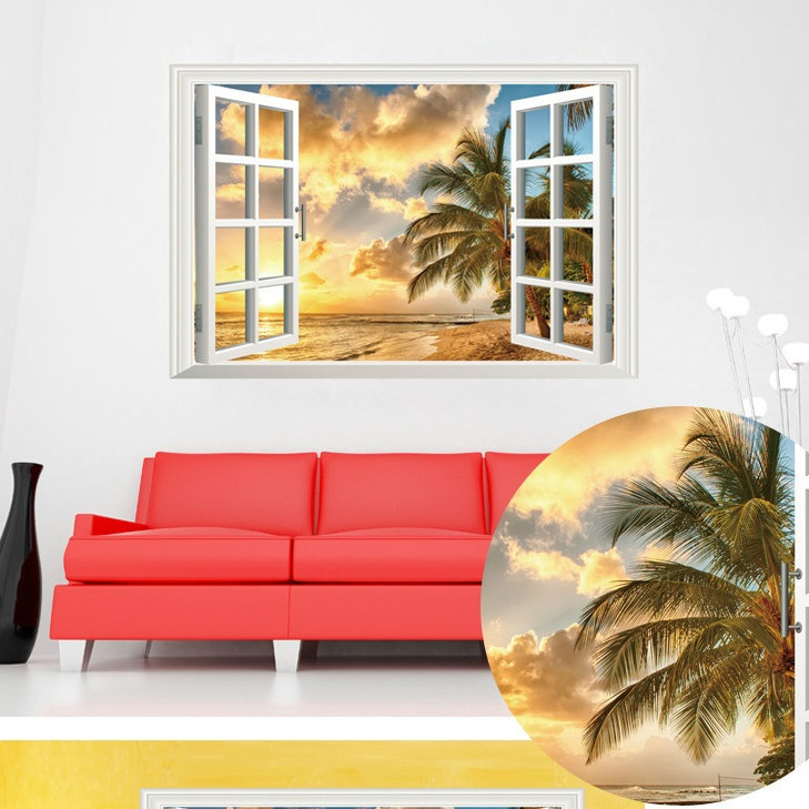 Decal dán tường Cửa sổ 3D Hoàng hôn trên biển DCS025
