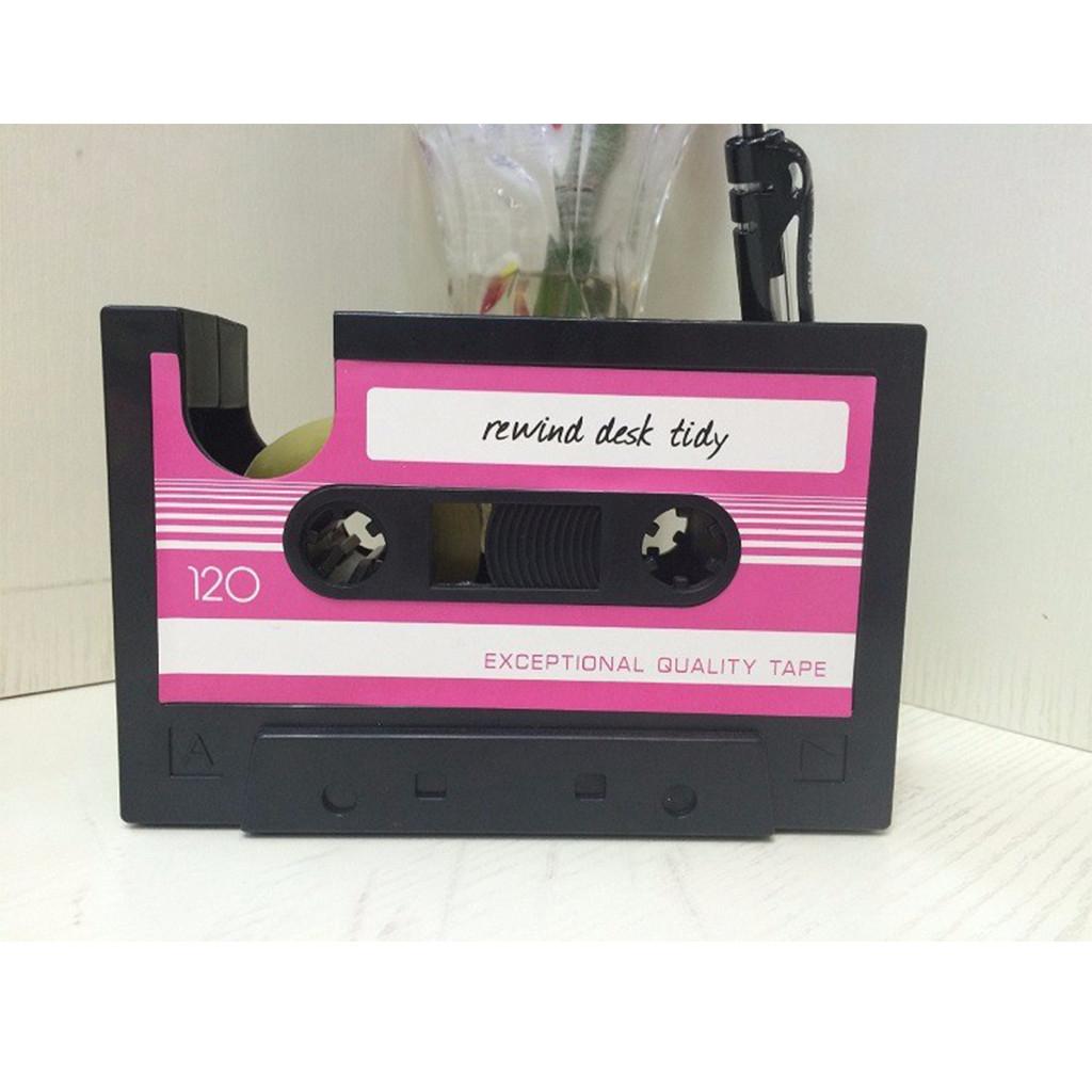 Vintage Cassette Style Tape Dispenser Pen Holder Pencil Container Stationery Organizer Tape Cutter