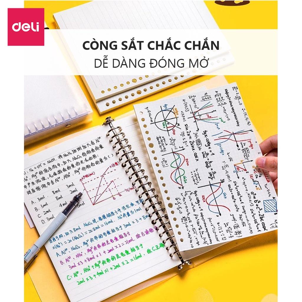 Combo sổ còng sắt và lõi giấy A5 Deli file nhựa có kèm dây rút- 240 trang - 120 tờ - Lõi ô vuông/kẻ ngang