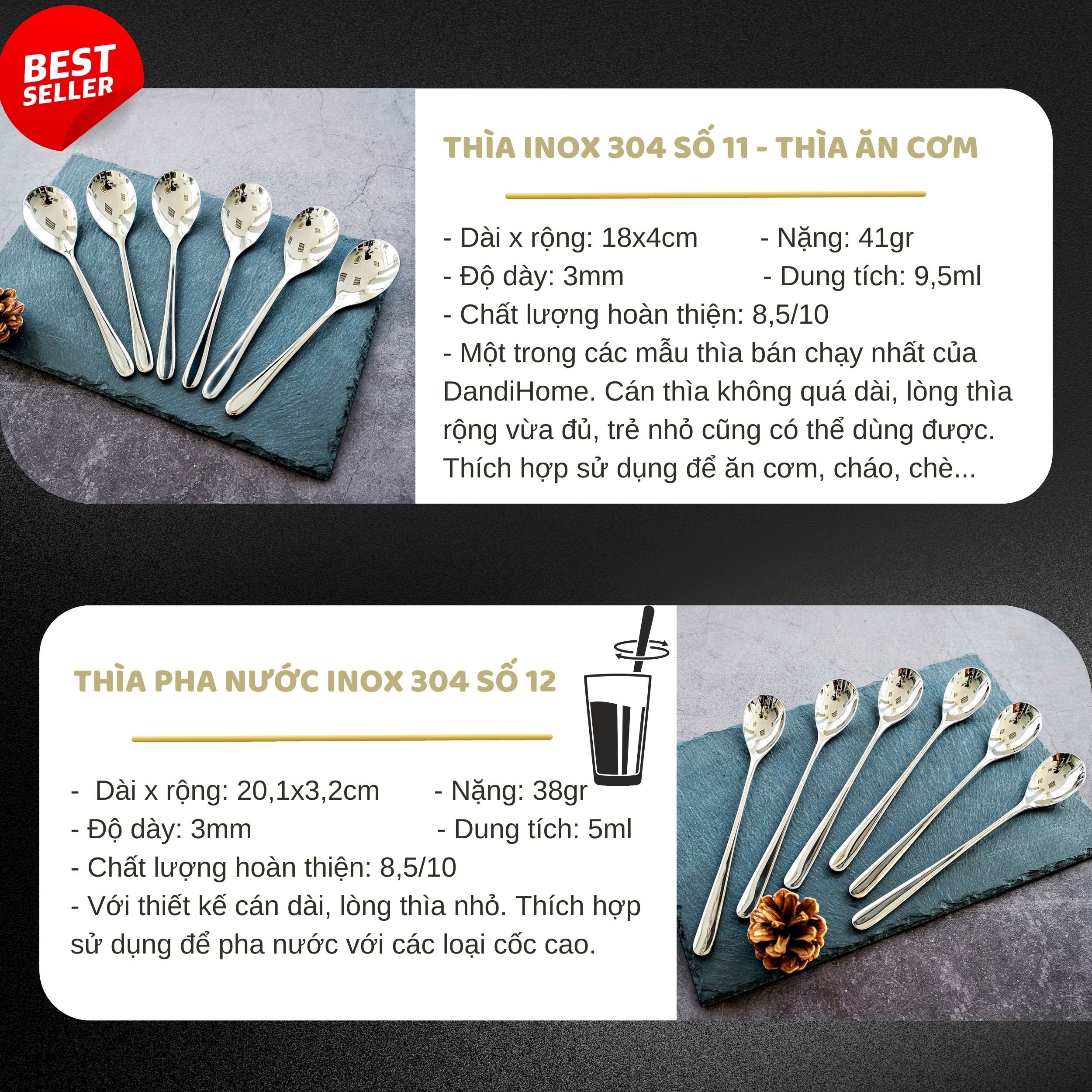 Bộ 6 thìa muỗng inox 304 DandiHome 2020 cao cấp, sang trọng, tinh tế