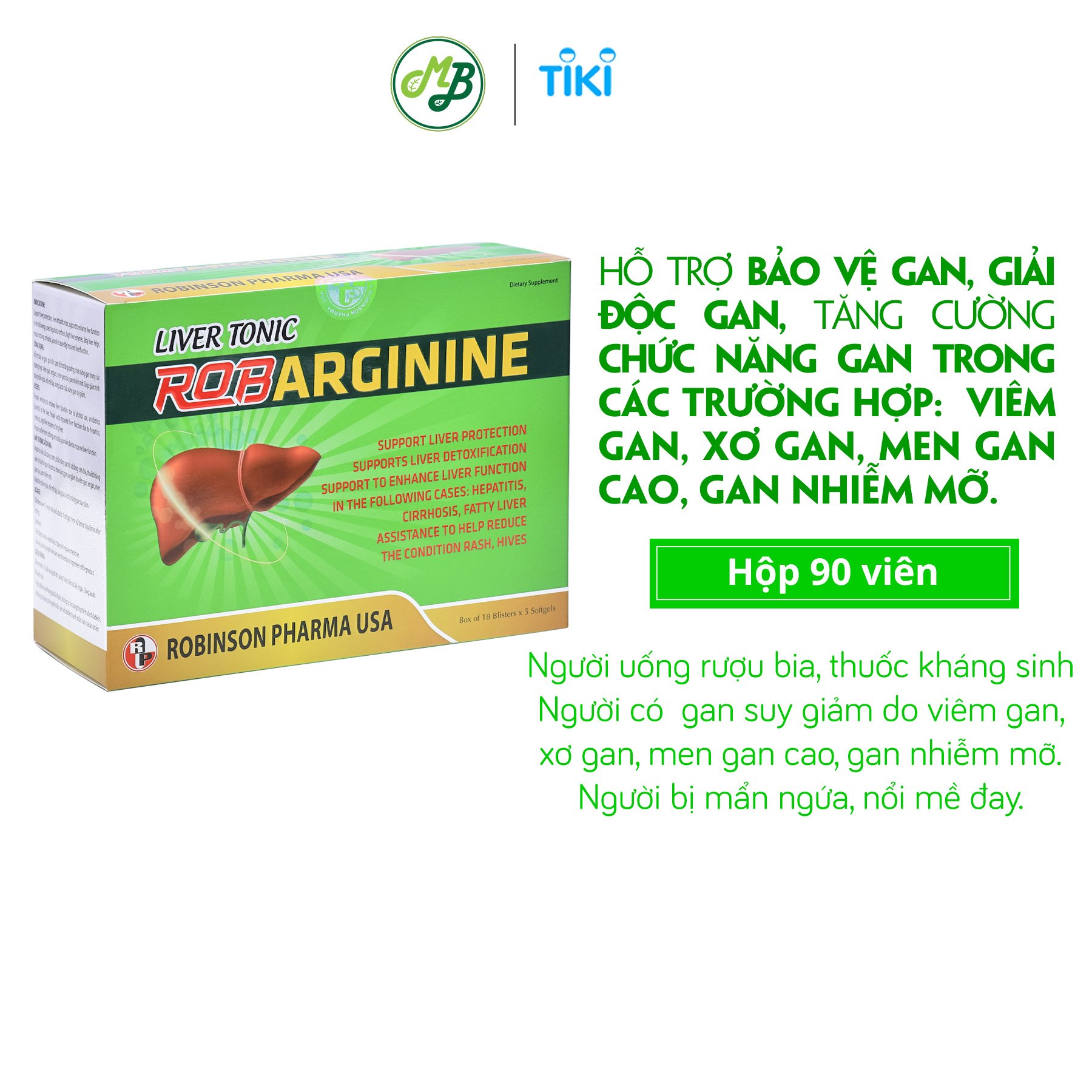 TPCN viên uống BỔ GAN ROBARGININE hỗ trợ bảo vệ gan,làm mát gan,giải độc gan và làm giảm tình trạng mẩn ngứa,nổi mề đai-hộp 90 viên nang mềm