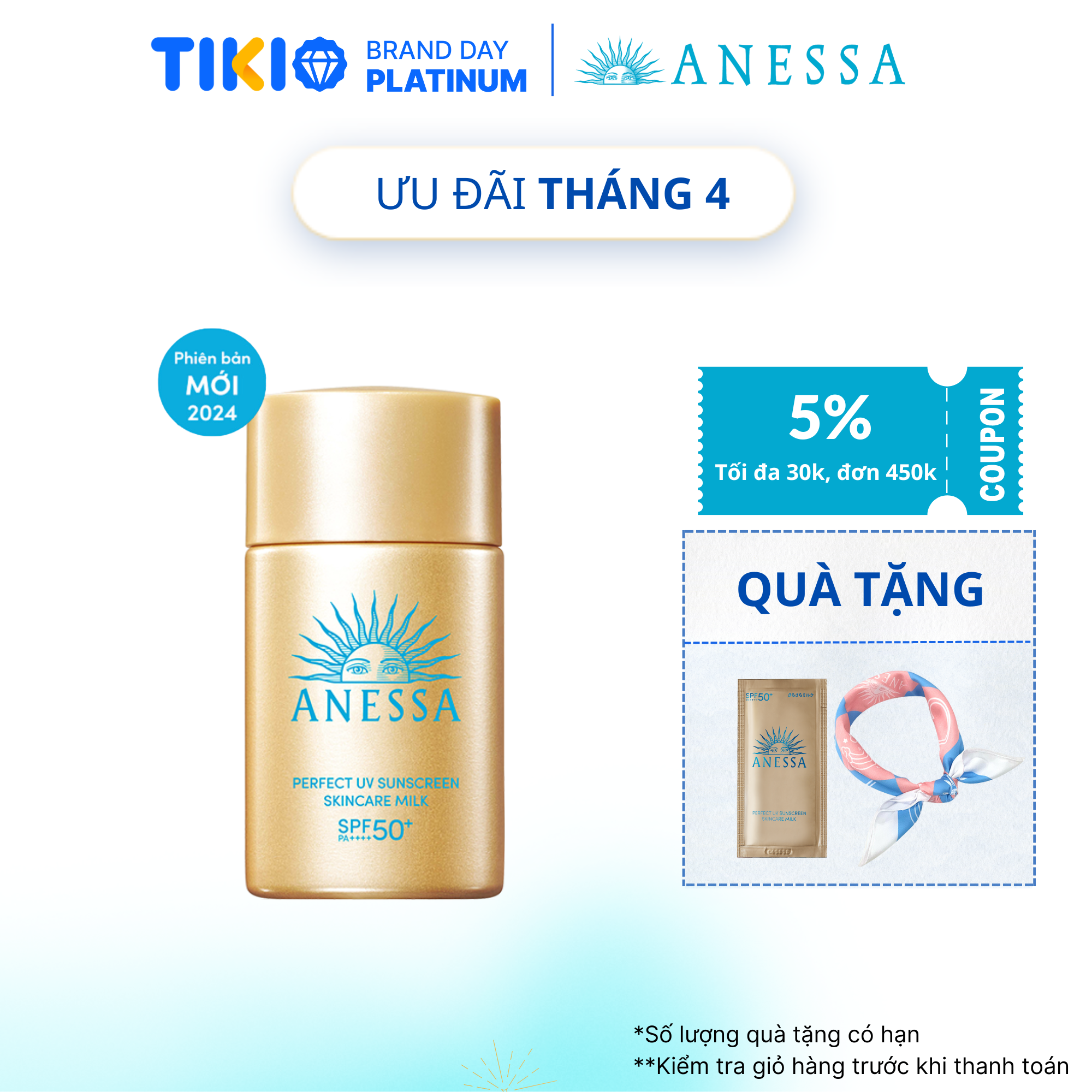 Kem chống nắng dạng sữa dưỡng da kiềm dầu bảo vệ hoàn hảo Anessa Perfect UV Sunscreen Skincare Milk SPF 50+ PA++++ 20ml