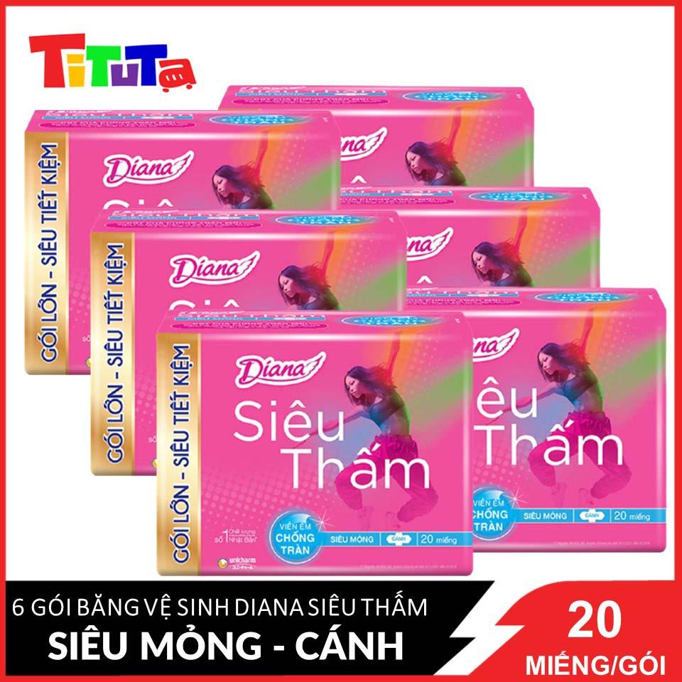 Bộ 6 Băng vệ sinh Diana siêu thấm siêu mỏng có cánh (gói 20 miếng)