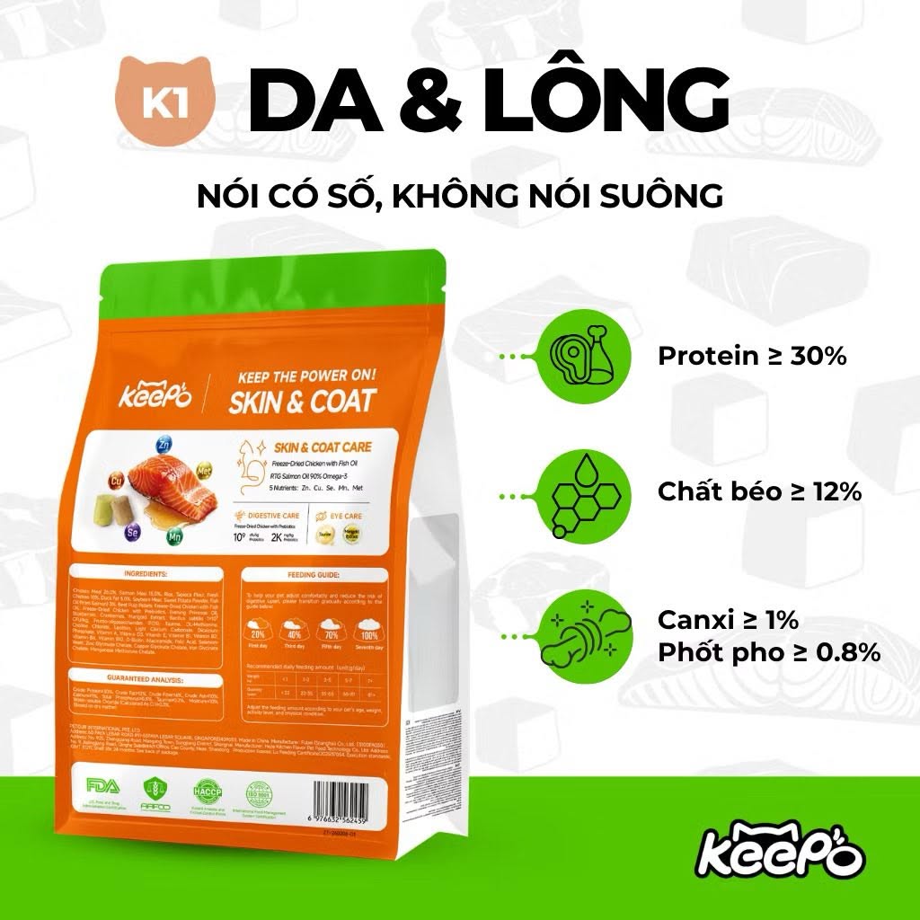 [SEAL 1KG] Hạt cho mèo Keepo K1 &amp; K2 - Đạm 30%, Đẹp lông da khỏe, Tiêu búi lông, Hỗ trợ tiêu hóa